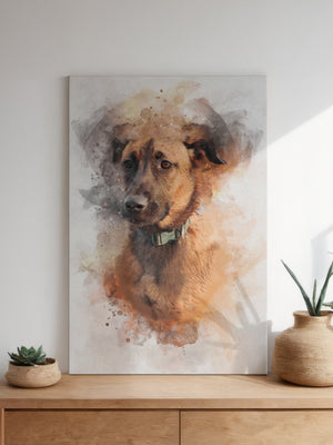 A Watercolor Pet Portrait of a brown dog with a green collar—ideal as personalized pet art or a memorial—hangs above a wooden dresser decorated with two woven vases and a potted succulent, sunlight streaming in from the right.