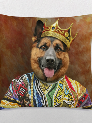 The Custom Notorious D.O.G Pet Cushion features a German Shepherd in a golden crown and patterned sweater on a warm, textured background—making it the perfect unique gift for pet lovers or a stylish custom pet cushion.