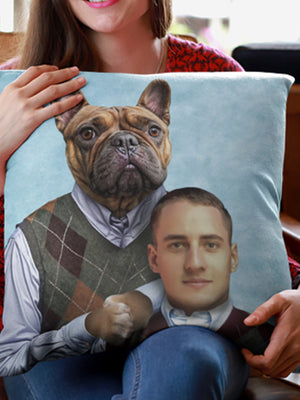 A woman smiles while holding the Custom Step Brothers Pet Cushion, which humorously features a dog with a human body and a man with a dogs body in matching sweaters on a blue background.