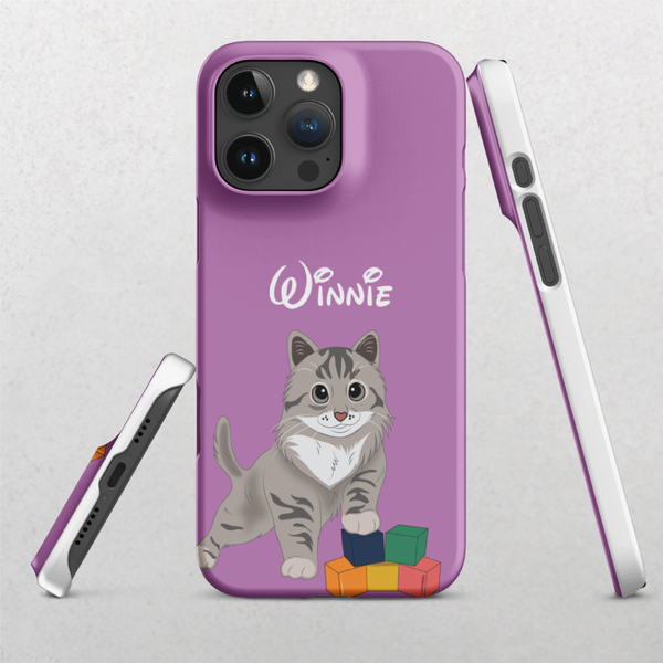 A stylish purple Custom Pet iPhone Case – Disney featuring a cute gray tabby kitten, colorful toy blocks, and Winnie in a playful font. Shown from multiple angles for a complete view of this unique pet keepsake.