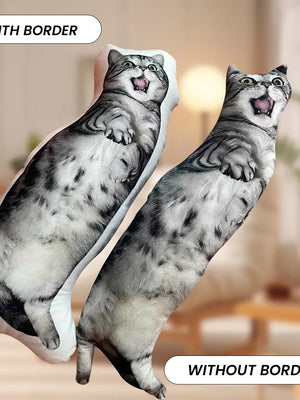 Two Custom Ugly Shape Pet Pillows, both featuring a gray tabby cat photo, are side by side in a cozy living room. One pillow has a white border, the other does not—perfect as personalized pet keepsakes or unique decor accents.