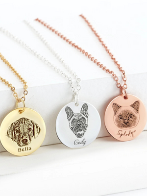 Three Dog Portrait Coin Necklaces: gold with dogs face labeled Bella, silver with dogs face labeled Cody, and rose gold memorial keepsake with cats face labeled Splody.